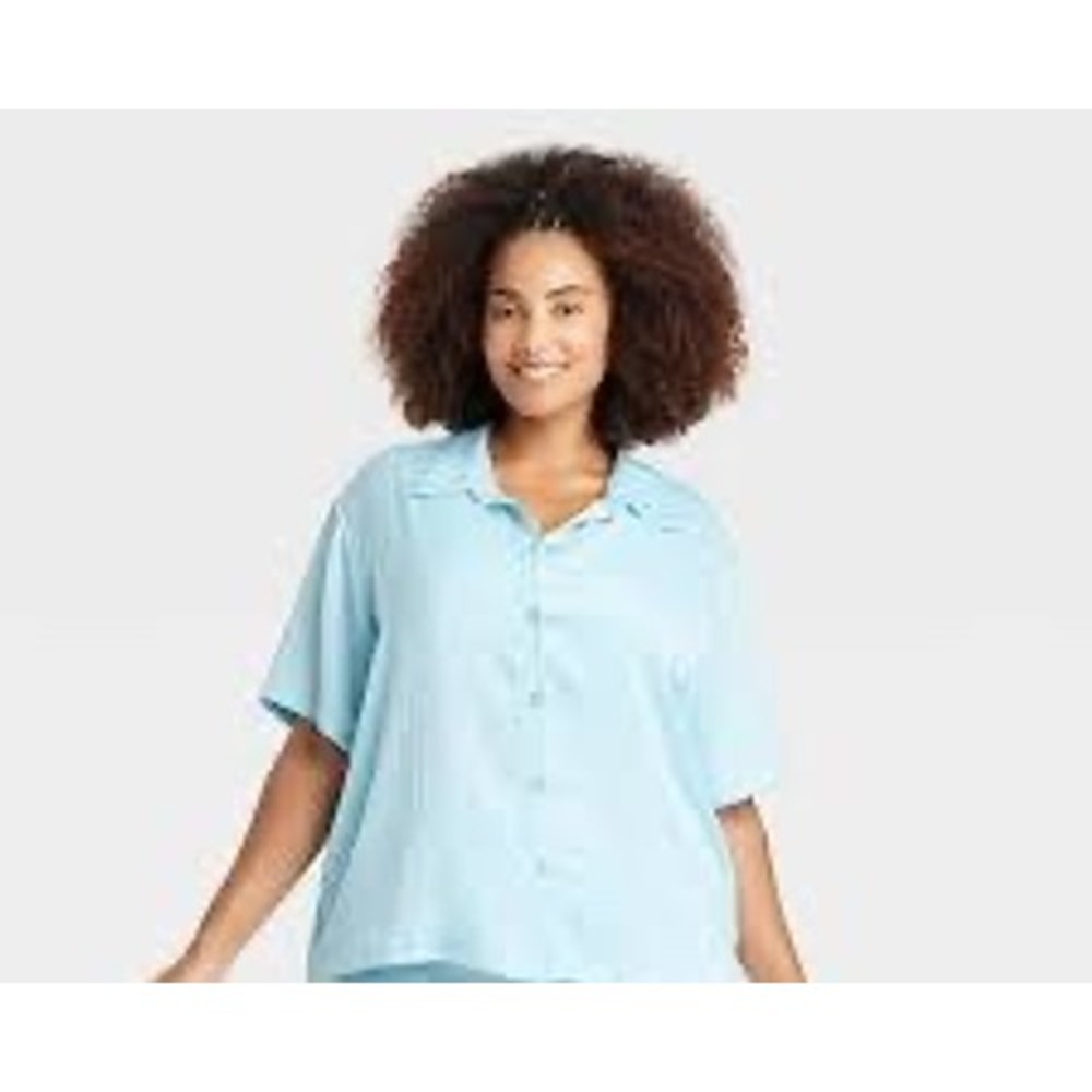 Auden Womens Light Blue Satin Pajama Top Short Sleeve Button‎ Down XS New